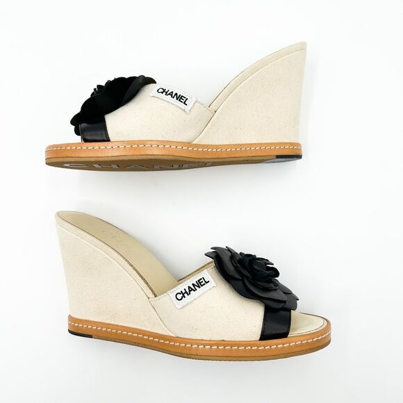 Chanel Camellia Wedge Sandals Slides Mules EU 37 US 6-6.5 - Picture 7 of 15